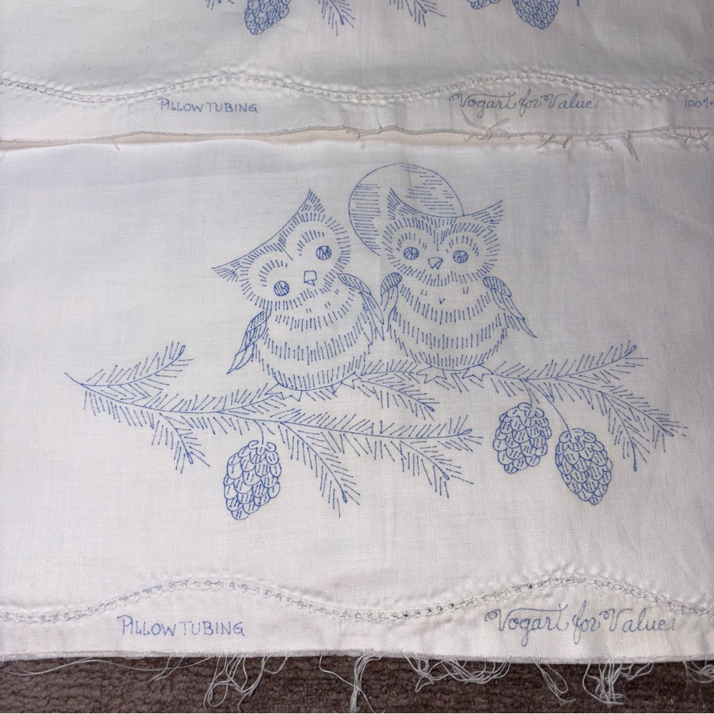 VOGART Vintage Pillow Tubing White W/Blue Owls Moon Pinecones Fall Winter NOS